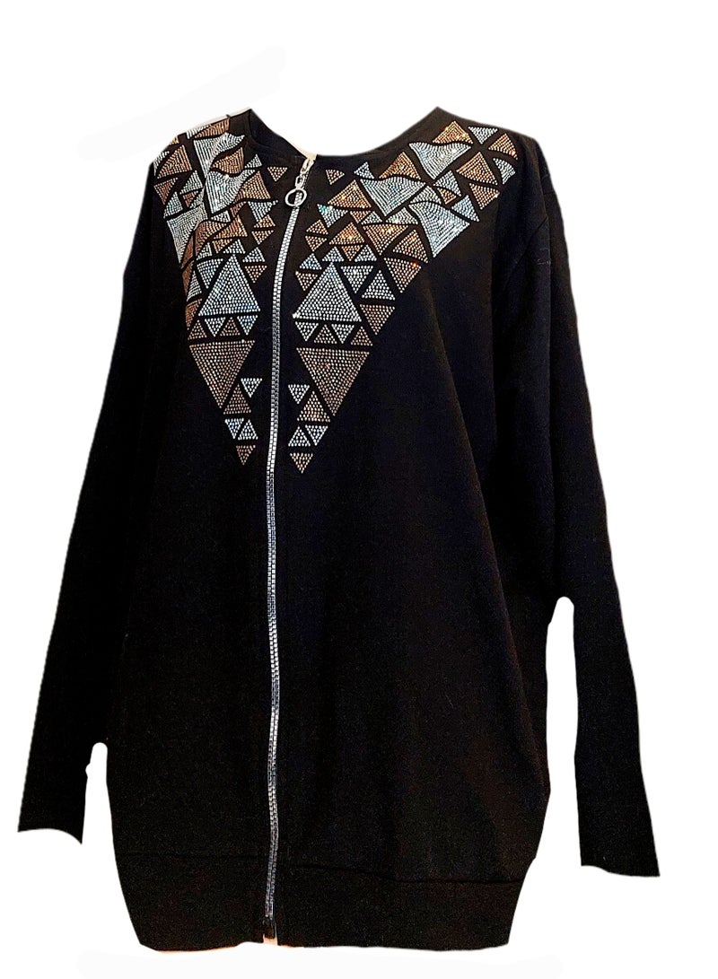Women oversized zipped black cotton jacket rhinestones  - Image 3