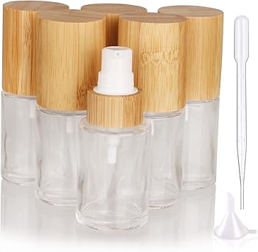 COSIDEA 6 pcs Empty 1oz 30ml bamboo lids clear glass bottle with lotion pump dispenser refillable emulsion cosmetic cream bottles toiletries refill travel container - Image 1