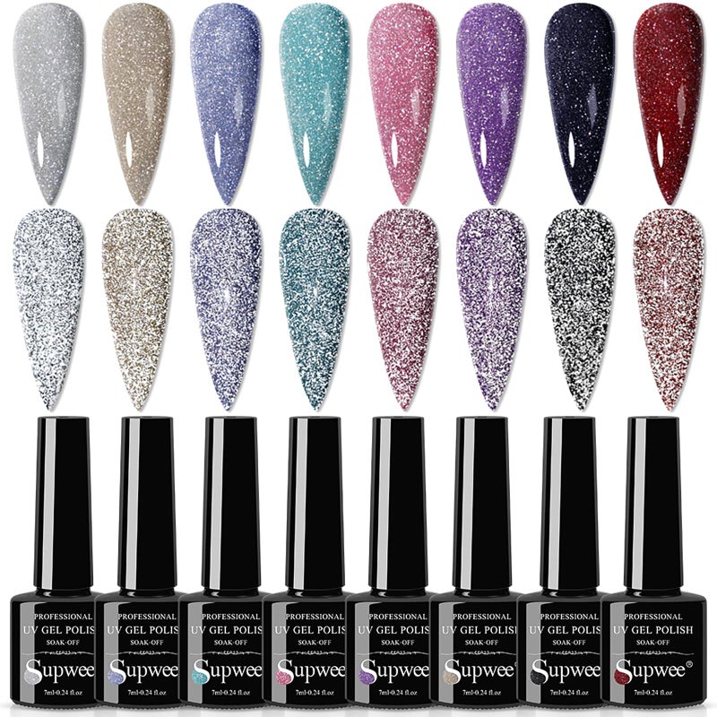 SUPWEE Reflective Gel Polish Set Diamond Glitter Gel Nail Polish Disco Shiny Nail Polish Soak Off UV Gel Manicure Nail Salon Gift Kit 8 Colors 7ml(0.24fl.oz) - Image 1
