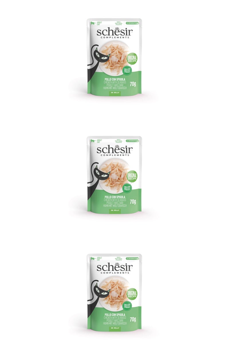 Schesir Complements Cat Wet Food in Jelly Pouch- Chicken With Seabass 70g x 3pcs - Image 1