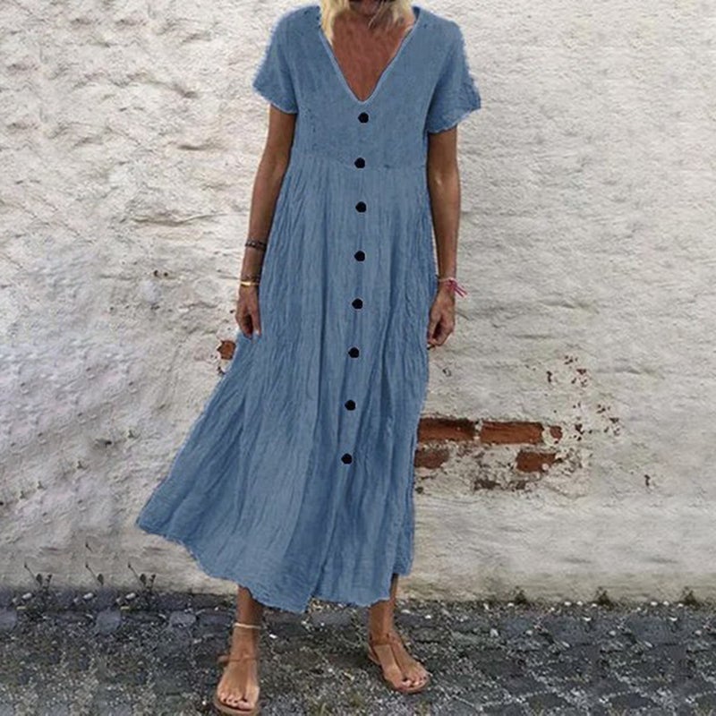 V-neck buttons retro solid color short-sleeved sleeve dress