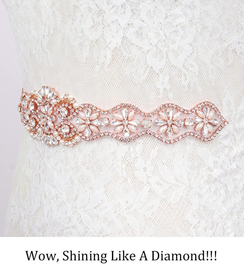 Pardecor Rhinestone Applique Wedding Bridal Sash Belt Dress Belt Sashes For Wedding Dress Crystal (181 Rose Gold) - Image 2