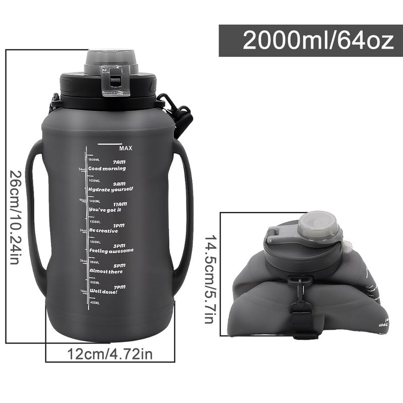 LELExilan 64oz Foldable Silicone Water Bottle with Straw, BPA-Free Motivational Time Marker, Leakproof Collapsible Water Jug with Handle for Gym, Sports, Camping & Outdoor Activities (Black) - Image 2