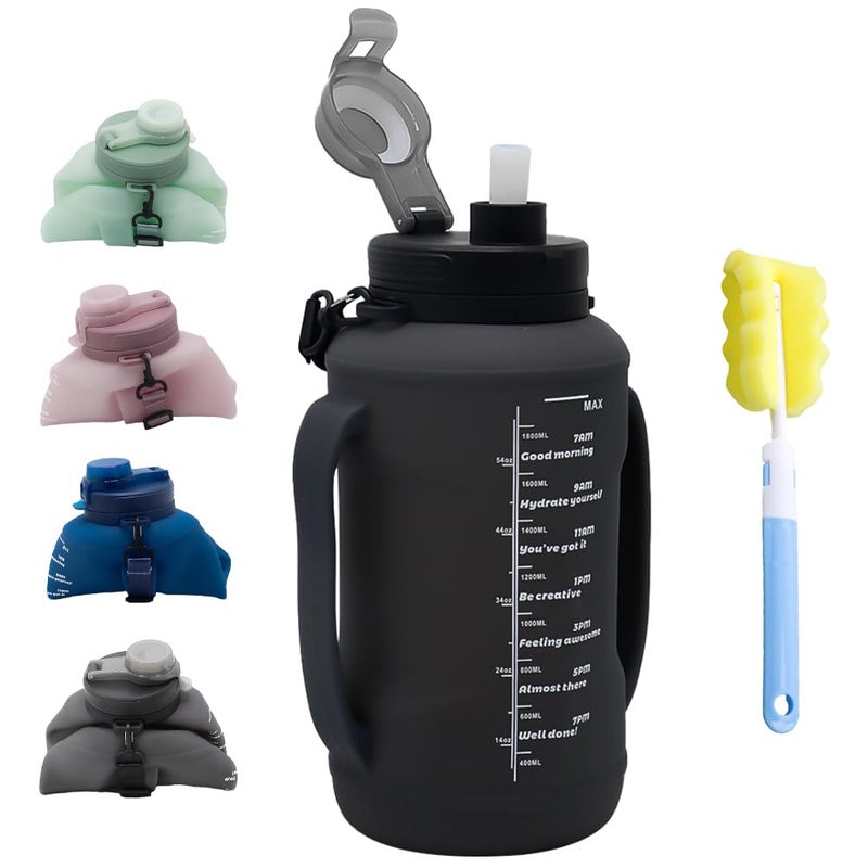 LELExilan 64oz Foldable Silicone Water Bottle with Straw, BPA-Free Motivational Time Marker, Leakproof Collapsible Water Jug with Handle for Gym, Sports, Camping & Outdoor Activities (Black) - Image 1