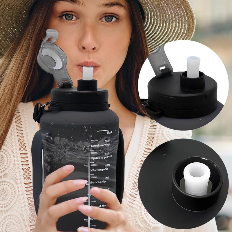 LELExilan 64oz Foldable Silicone Water Bottle with Straw, BPA-Free Motivational Time Marker, Leakproof Collapsible Water Jug with Handle for Gym, Sports, Camping & Outdoor Activities (Black) - Image 4