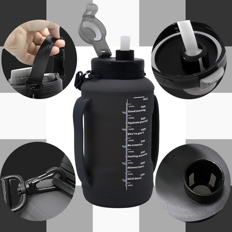 LELExilan 64oz Foldable Silicone Water Bottle with Straw, BPA-Free Motivational Time Marker, Leakproof Collapsible Water Jug with Handle for Gym, Sports, Camping & Outdoor Activities (Black) - Image 3