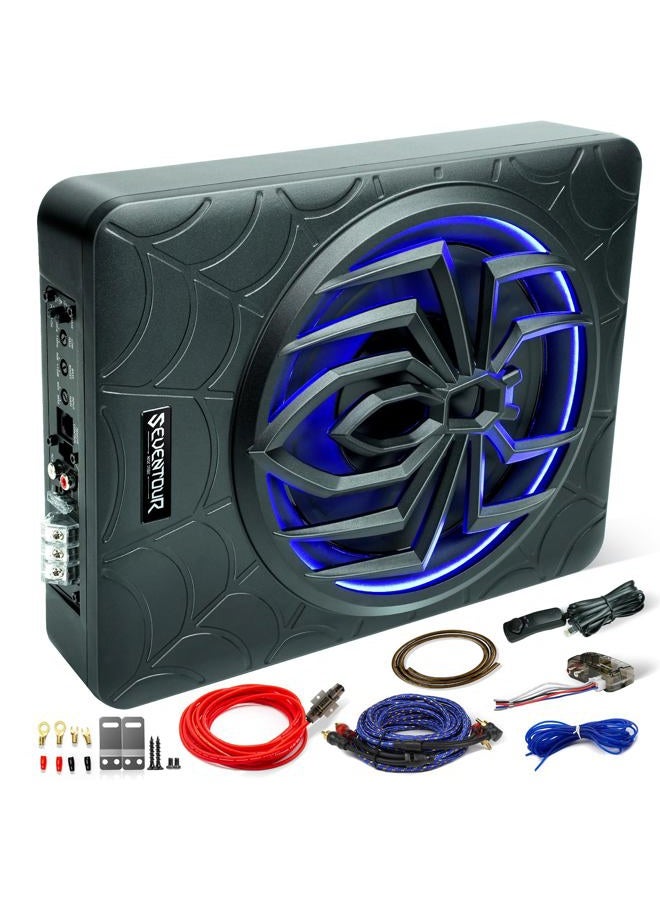 Seventour 10 1000W Slim Under Seat Powered Car Subwoofer, Car/Truck Audio Sub Built in Amplifier amp Combo, with Blue LED Light (Subwoofer + Mounting Wire Kit) - Image 1