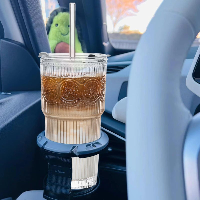 INSETLAN 20oz Ribbed & Floral Glass Tumblers with Lids and Glass Straws, Set of 2 â€“ Iced Coffee Cups, Reusable Drinking Glasses for Water, Smoothies, Tea, and Juice â€“ Perfect for Travel & Daily Use - Image 4