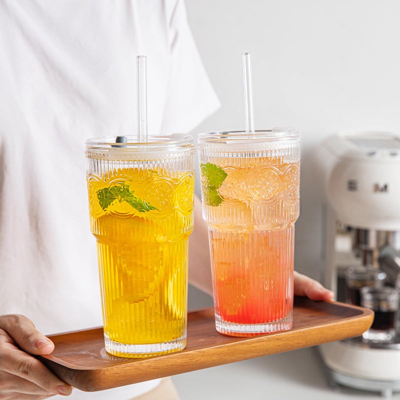 INSETLAN 20oz Ribbed & Floral Glass Tumblers with Lids and Glass Straws, Set of 2 â€“ Iced Coffee Cups, Reusable Drinking Glasses for Water, Smoothies, Tea, and Juice â€“ Perfect for Travel & Daily Use - Image 5