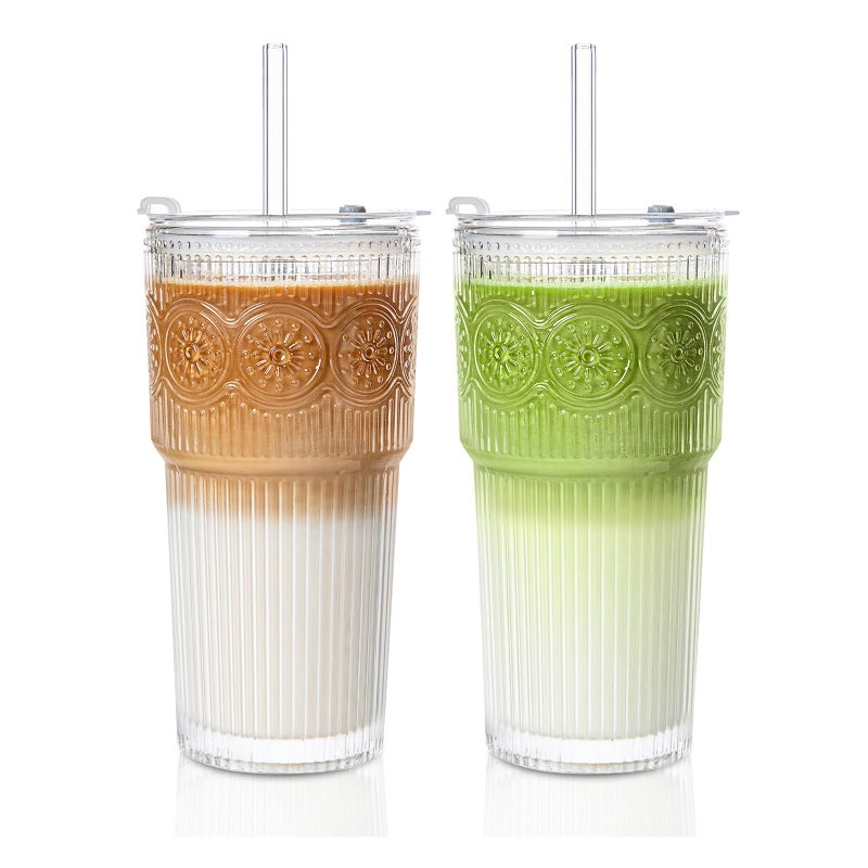 INSETLAN 20oz Ribbed & Floral Glass Tumblers with Lids and Glass Straws, Set of 2 â€“ Iced Coffee Cups, Reusable Drinking Glasses for Water, Smoothies, Tea, and Juice â€“ Perfect for Travel & Daily Use - Image 1