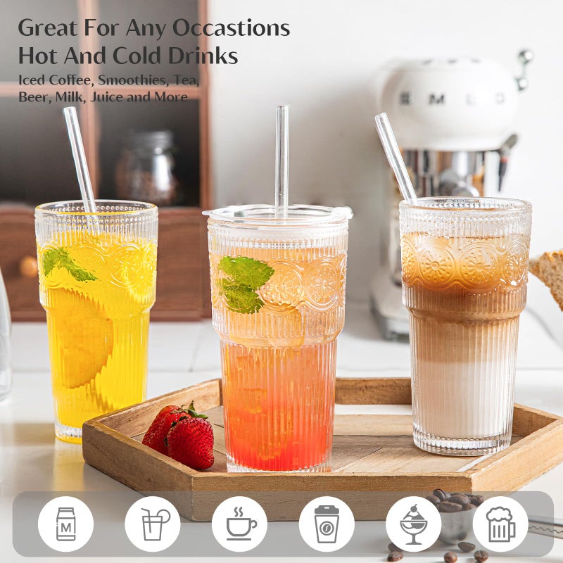 INSETLAN 20oz Ribbed & Floral Glass Tumblers with Lids and Glass Straws, Set of 2 â€“ Iced Coffee Cups, Reusable Drinking Glasses for Water, Smoothies, Tea, and Juice â€“ Perfect for Travel & Daily Use - Image 3
