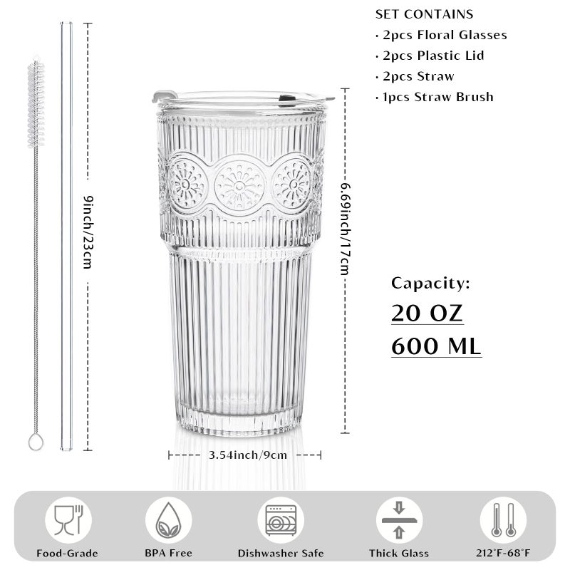 INSETLAN 20oz Ribbed & Floral Glass Tumblers with Lids and Glass Straws, Set of 2 â€“ Iced Coffee Cups, Reusable Drinking Glasses for Water, Smoothies, Tea, and Juice â€“ Perfect for Travel & Daily Use - Image 2