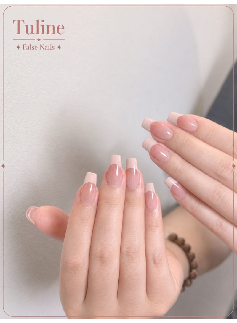 Tuline 30Pcs Short Coffin-Shape Press On Nails, Nude French Manicure Style, With 1Pc Jelly Gel Polish And 1Pc File Strip, For Party, Wedding, Daily Wear Nail Supplies Nails - Image 1