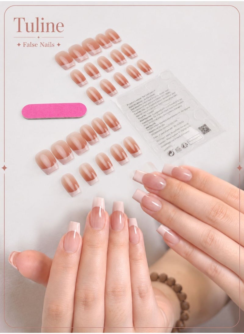 Tuline 30Pcs Short Coffin-Shape Press On Nails, Nude French Manicure Style, With 1Pc Jelly Gel Polish And 1Pc File Strip, For Party, Wedding, Daily Wear Nail Supplies Nails - Image 2