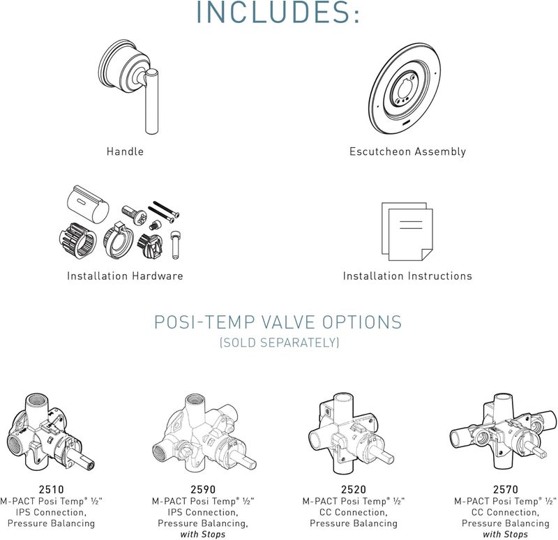 MOEN Gibson Chrome Posi-Temp Pressure-Balancing Modern Valve Handle Only Trim, Valve Required, T2901 - Image 4