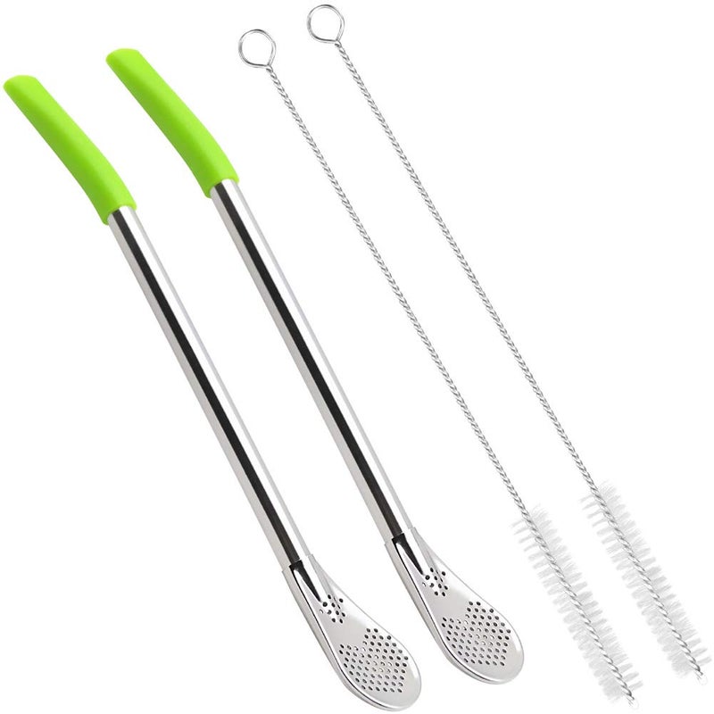 GFDesign Yerba Mate Bombilla Gourd Drinking Filter Straws Soft Heatproof Silicone Tips FoodGrade 188 Stainless Steel  Silicone  Set of 2 with Silicone Tips  Cleaning Brushes  7 Long