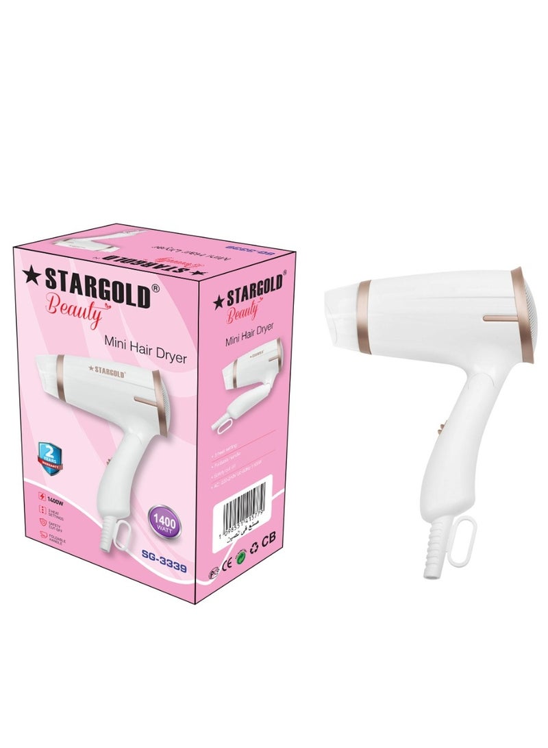 ستارجولد مجفف شعر صغير الحجم من ستار جولد بيوتي - 3 إعدادات للحرارة، مقبض قابل للطي، قطع أمان، 1400 واط، مجفف شعر محمول للسفر لتصفيف سريع - مثالي للاستخدام المنزلي وأثناء السفر، SG-3339 - Image 2