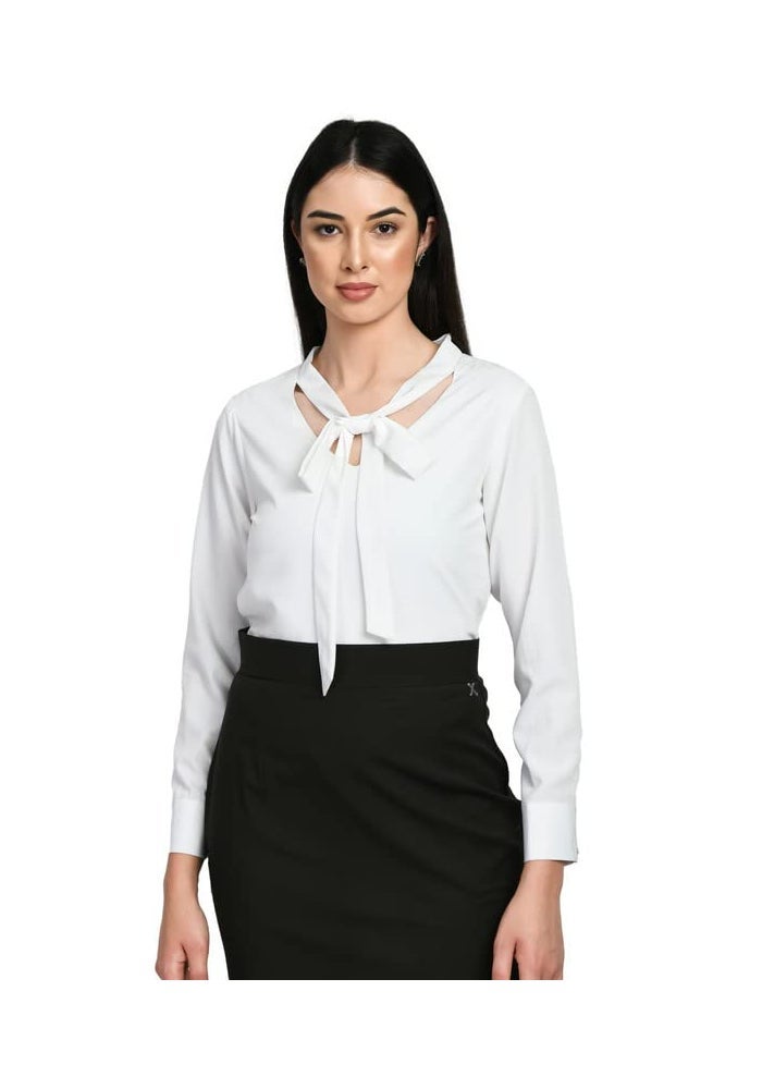 Exude White Front Tie Up Formal Top for Women - Image 1