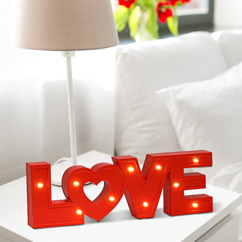 Valentines Day Wooden LED Sign Love Wood Blocks with 1000 Pieces Artificial Rose Petals Marquee Light Signs for Valentines Day Wedding Decorations Red Love