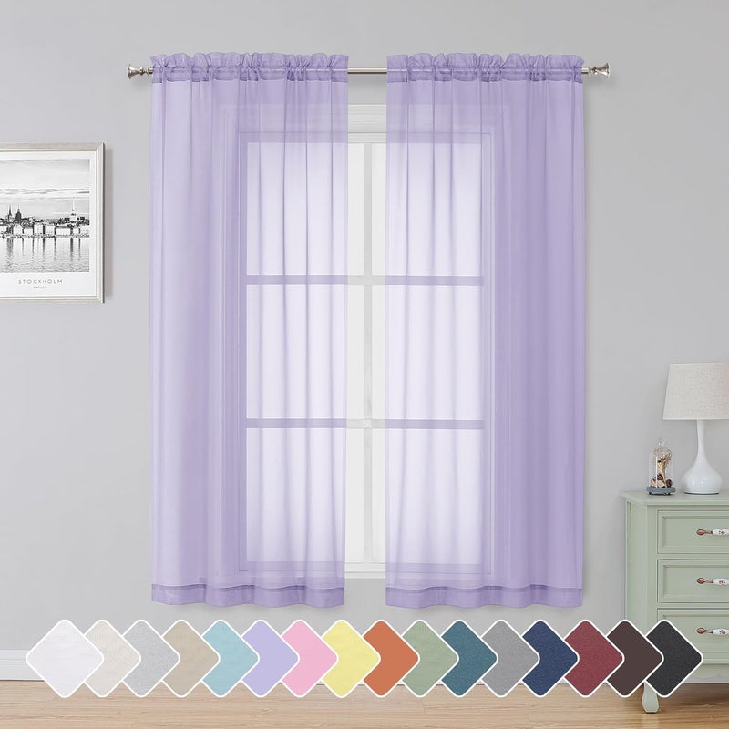 SimpleBrand Lavender Sheer Curtains 63 Inch Length 2 Panels, Rod Pocket Solid Color Window Sheer Curtain Panels, Elegant Curtains & Drapes for Living Room, Bedroom 2 Panels (42" W x 63" L) - Image 1