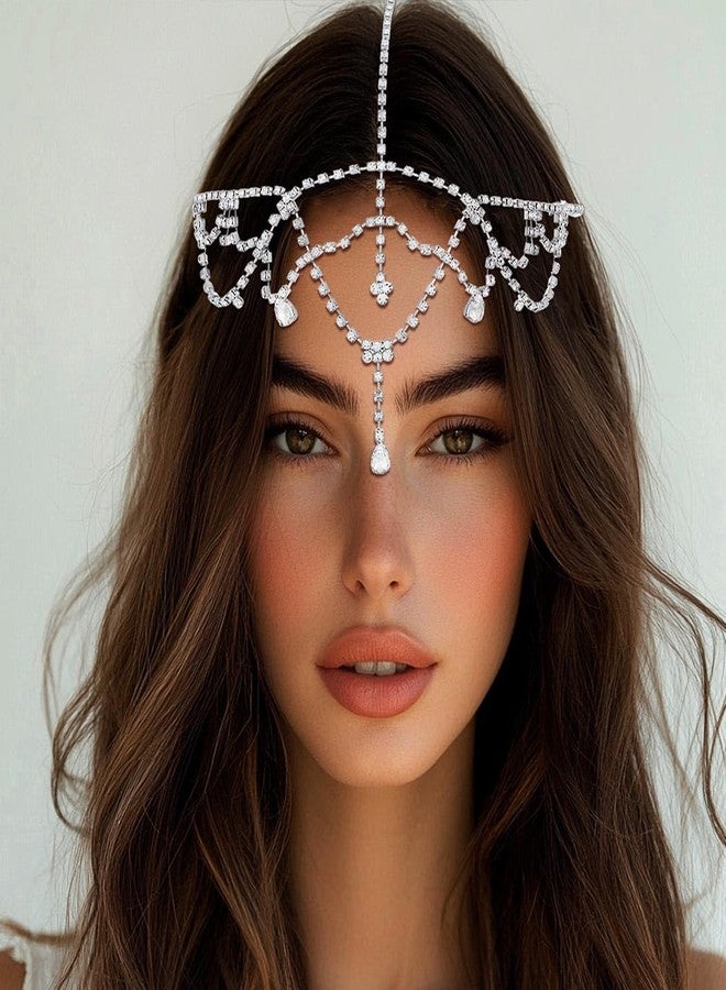 فديزاينر سلسلة رأس كريستالية من تصميم Fdesigner، إكسسوارات شعر للعروس مرصعة بأحجار الراين، إكسسوارات شعر بوهيمية للنساء (فضي) - Image 3