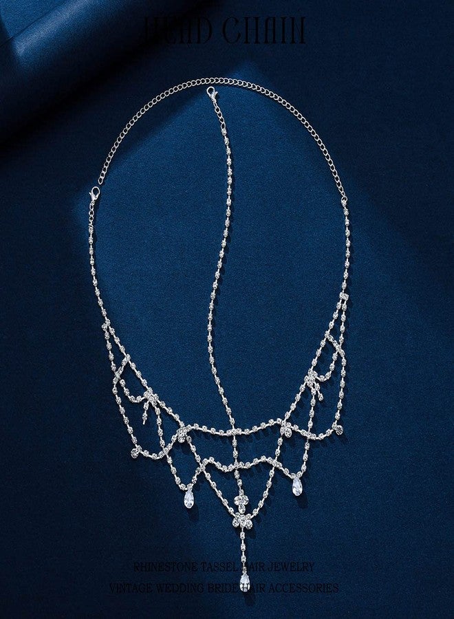 فديزاينر سلسلة رأس كريستالية من تصميم Fdesigner، إكسسوارات شعر للعروس مرصعة بأحجار الراين، إكسسوارات شعر بوهيمية للنساء (فضي) - Image 5