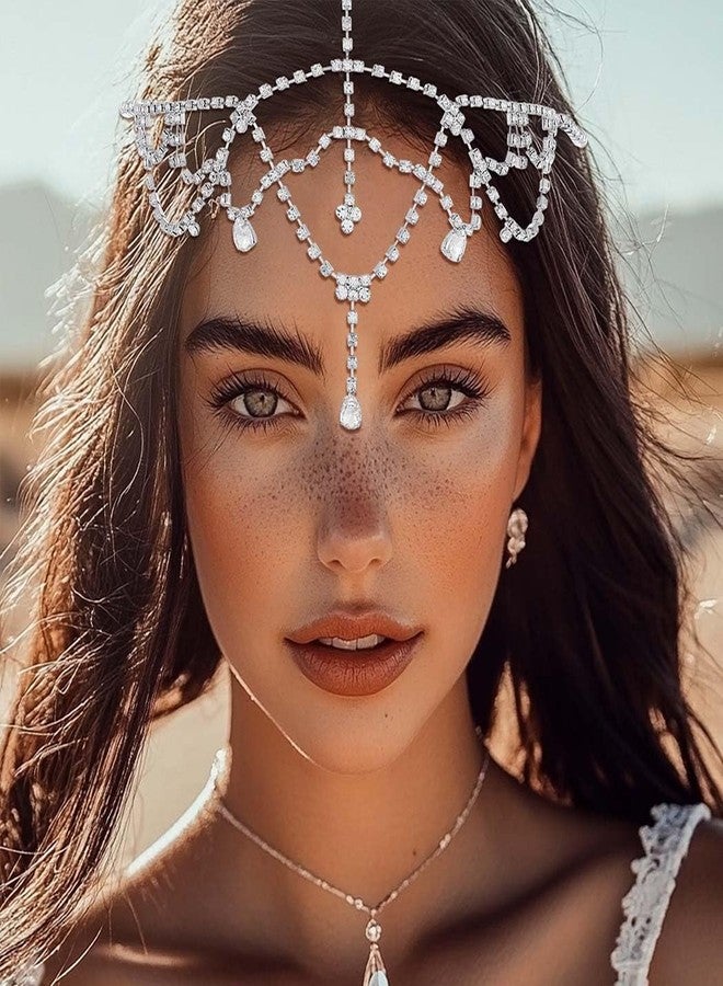 فديزاينر سلسلة رأس كريستالية من تصميم Fdesigner، إكسسوارات شعر للعروس مرصعة بأحجار الراين، إكسسوارات شعر بوهيمية للنساء (فضي) - Image 2