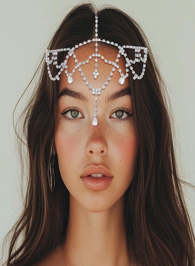 فديزاينر سلسلة رأس كريستالية من تصميم Fdesigner، إكسسوارات شعر للعروس مرصعة بأحجار الراين، إكسسوارات شعر بوهيمية للنساء (فضي) - Image 4