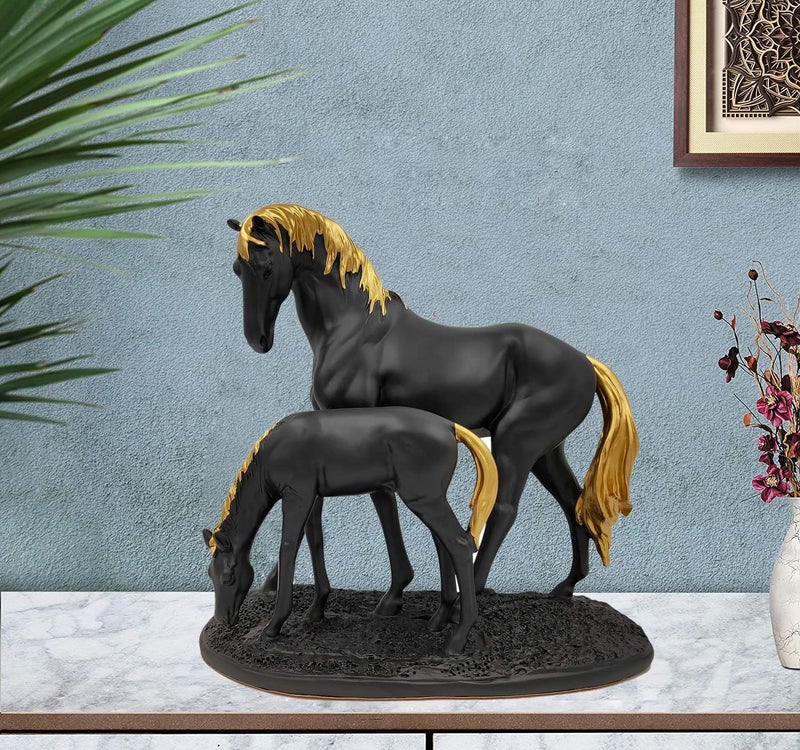Whitecloud TRANSFORMING HOMES Whitecloud TRANSFORMING HOMES Gold Plated Horse Statue Showpiece Figurine Home Decor Item 2 Horse Per Set 1921B Black  - Image 1