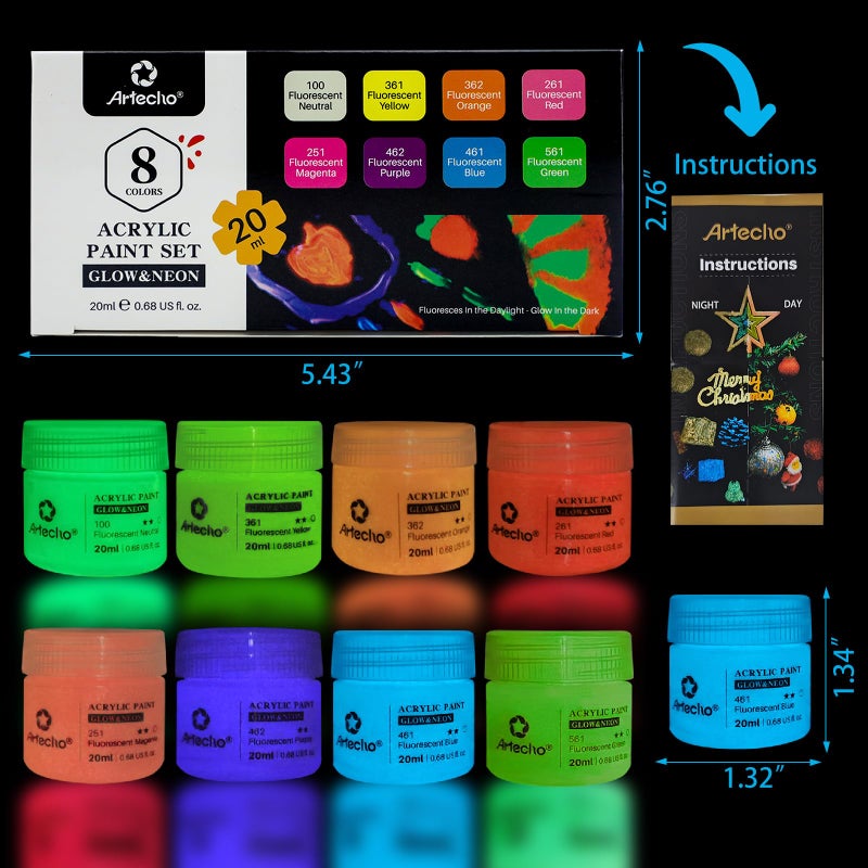 Artecho Glow in the Dark Paint 8 Colors, 20 ml / 0.7 oz Acrylic Paint for Decoration, Supplies for Canvas, Rock, Wood - Image 2