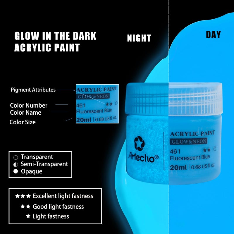 Artecho Glow in the Dark Paint 8 Colors, 20 ml / 0.7 oz Acrylic Paint for Decoration, Supplies for Canvas, Rock, Wood - Image 4