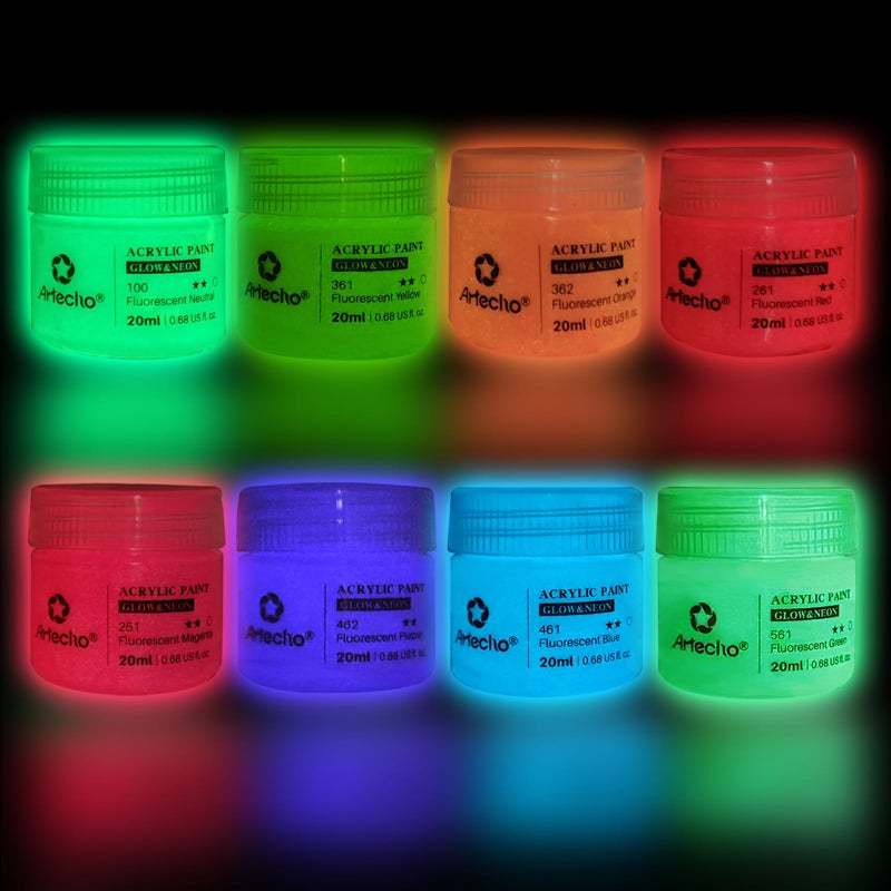 Artecho Glow in the Dark Paint 8 Colors, 20 ml / 0.7 oz Acrylic Paint for Decoration, Supplies for Canvas, Rock, Wood - Image 1