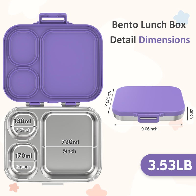 Howeemo Stainless Steel Bento Box Kids, Leak Proof Metal Bento Lunch Box,3 Compartments 304 Stainless Steel Bento Lunch Containers for School and Office,BPA-Free(Purple) - Image 5
