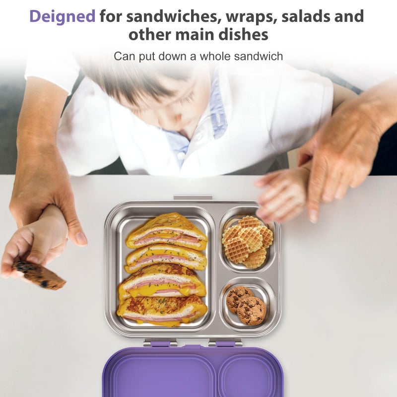 Howeemo Stainless Steel Bento Box Kids, Leak Proof Metal Bento Lunch Box,3 Compartments 304 Stainless Steel Bento Lunch Containers for School and Office,BPA-Free(Purple) - Image 4