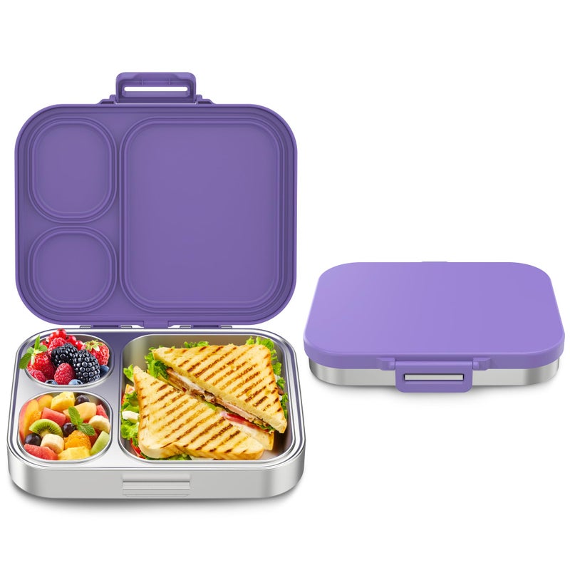 Howeemo Stainless Steel Bento Box Kids, Leak Proof Metal Bento Lunch Box,3 Compartments 304 Stainless Steel Bento Lunch Containers for School and Office,BPA-Free(Purple) - Image 1