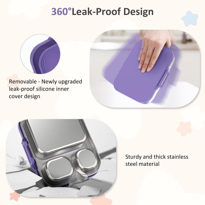 Howeemo Stainless Steel Bento Box Kids, Leak Proof Metal Bento Lunch Box,3 Compartments 304 Stainless Steel Bento Lunch Containers for School and Office,BPA-Free(Purple) - Image 3