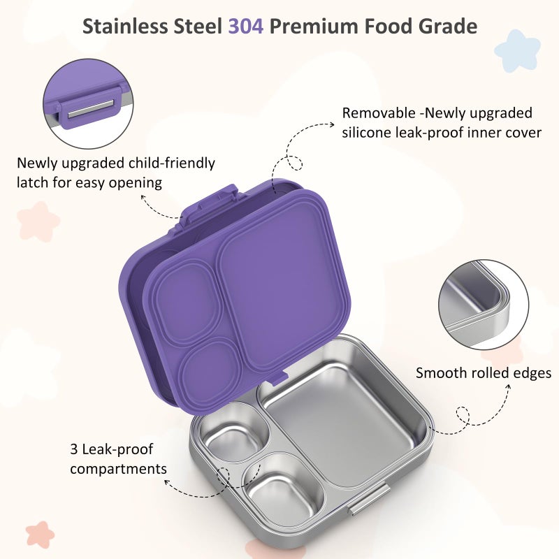 Howeemo Stainless Steel Bento Box Kids, Leak Proof Metal Bento Lunch Box,3 Compartments 304 Stainless Steel Bento Lunch Containers for School and Office,BPA-Free(Purple) - Image 2