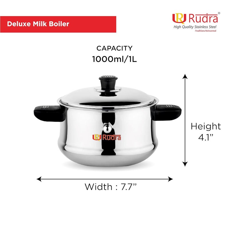 Rudra Stainless Steel Deluxe Milk Boiler 1 LTR SpillProof 202 SS Grade Induction Gas Compatible BurnFree RustResistant Ideal for Milk Tea Coffee Soups More Sturdy Handle - Image 2