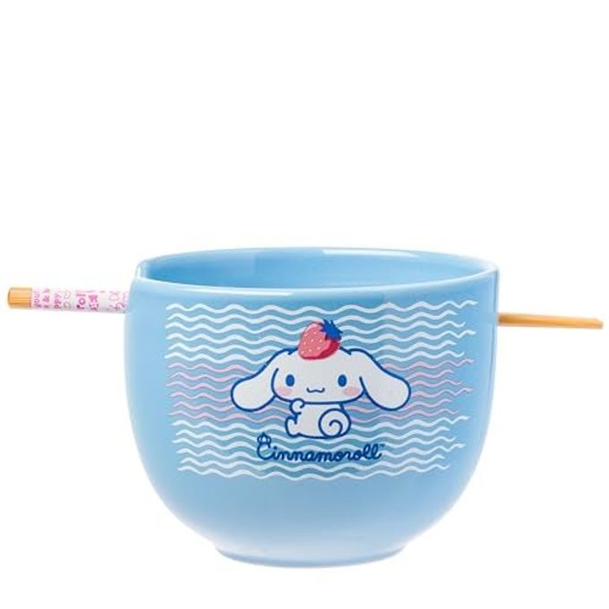 Silver Buffalo Hello Kitty and Friends Cinnamoroll Strawberry Ceramic Ramen Noodle Rice Bowl with Chopsticks, Microwave Safe, 20 Ounces