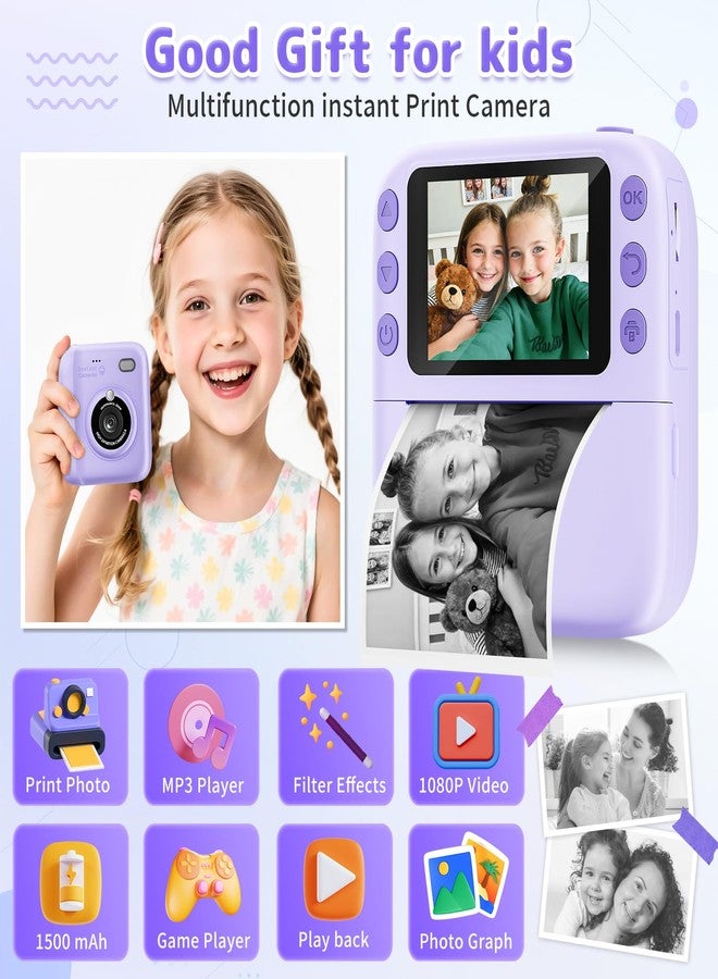 Yusuuo Instant Print Camera for Kids, Christmas Birthday Gifts for Girls Boys, 1080P Instant Digital Print Cameras for Toddler,Portable Toy for 4 5 6 7 8 9 10 Year Old Girl with 32GB SD Card，Purple - Image 2