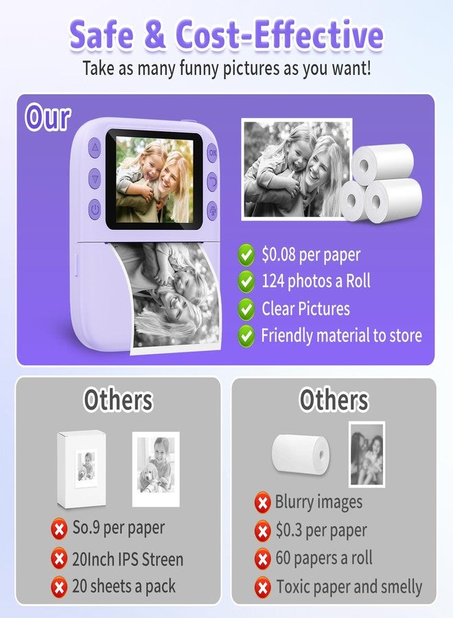 Yusuuo Instant Print Camera for Kids, Christmas Birthday Gifts for Girls Boys, 1080P Instant Digital Print Cameras for Toddler,Portable Toy for 4 5 6 7 8 9 10 Year Old Girl with 32GB SD Card，Purple - Image 5