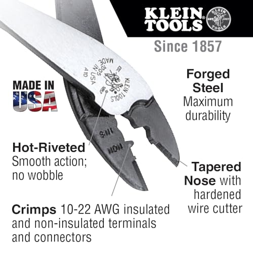 Klein Tools 1005 Cutting / Crimping Tool, Made in USA, Cutter / Crimper for 10-22 AWG Terminals and Connectors, Terminal Crimper for Insulated and Non-Insulated Terminals - Image 2