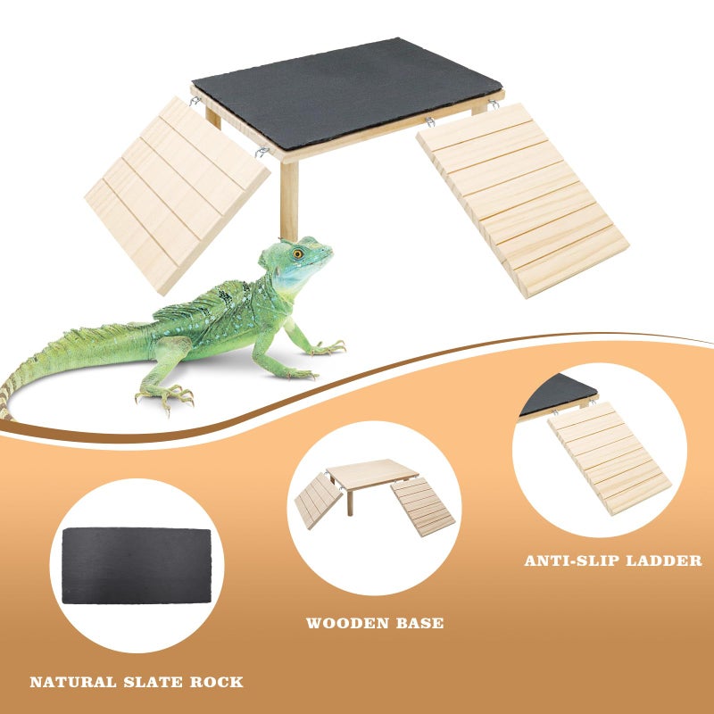 Oooct Bearded Dragon Basking Platform, Wooden + Rock Plate Reptile Cave Hideout with Climbing Ramp, Aquariums & Terrariums Accessories for Bearded Dragons Leopard Geckos Lizards Turtles Hamsters - Image 4