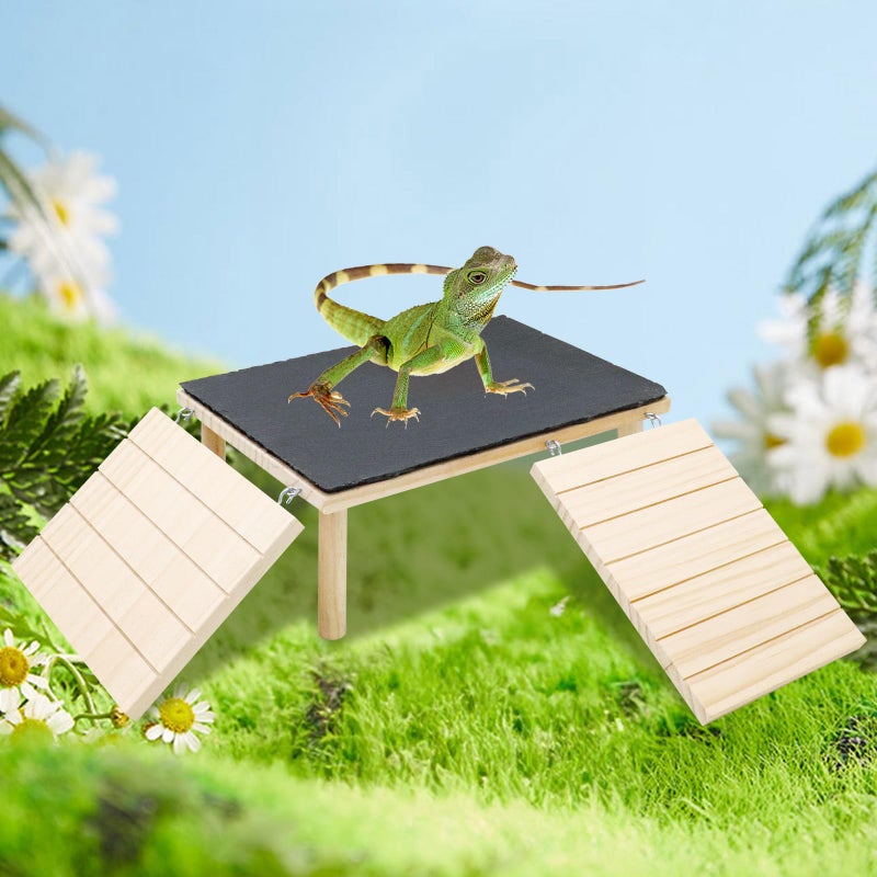 Oooct Bearded Dragon Basking Platform, Wooden + Rock Plate Reptile Cave Hideout with Climbing Ramp, Aquariums & Terrariums Accessories for Bearded Dragons Leopard Geckos Lizards Turtles Hamsters - Image 3