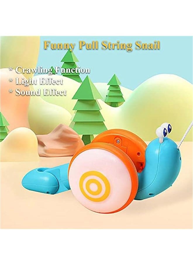 Pull String Crawling Snail, Funny Wriggly Snail Toddlers Walking-Learning Toy Pull and Push Baby Toy with Music and Lights Effect (Blue-Orange)