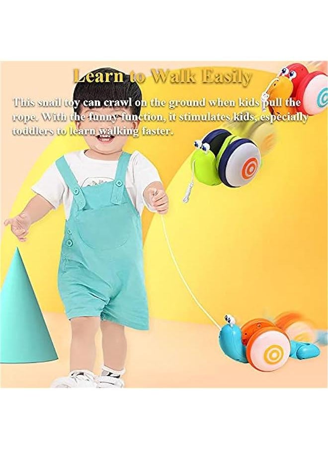 Pull String Crawling Snail, Funny Wriggly Snail Toddlers Walking-Learning Toy Pull and Push Baby Toy with Music and Lights Effect (Blue-Orange)
