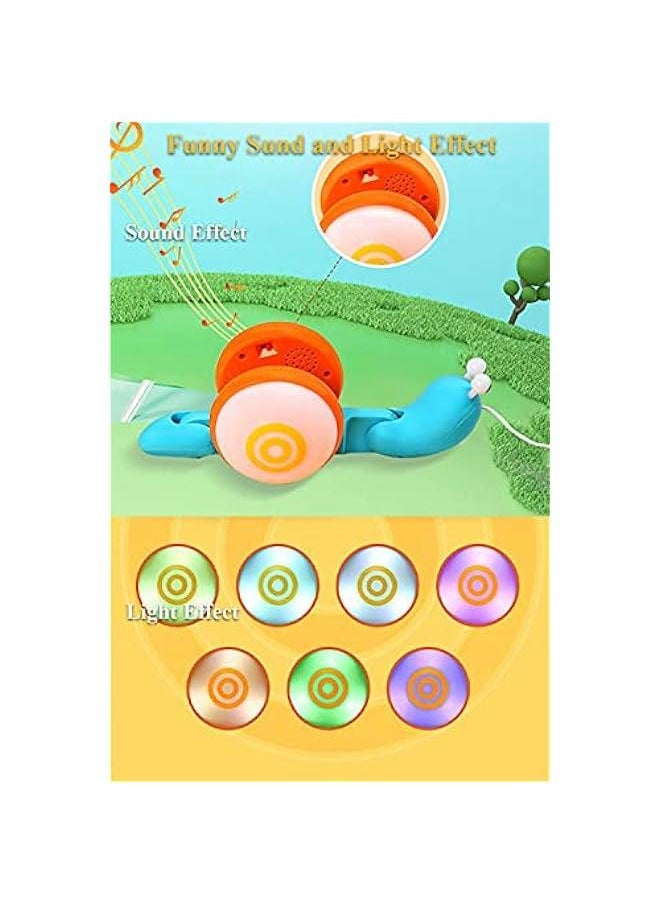 Pull String Crawling Snail, Funny Wriggly Snail Toddlers Walking-Learning Toy Pull and Push Baby Toy with Music and Lights Effect (Blue-Orange)