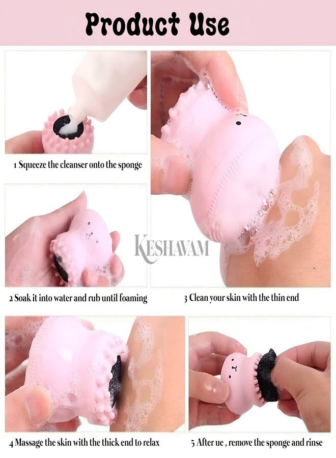 KESHAVAM Silicone Face Scrubber for Women & Men - 2-in-1 Facial Cleansing Brush with Soft Bristles & Sponge Core for Deep Pore Cleaning, Gentle Exfoliation & Massage - Cute Design, Reusable (Multicolor pack of 1) - Image 2