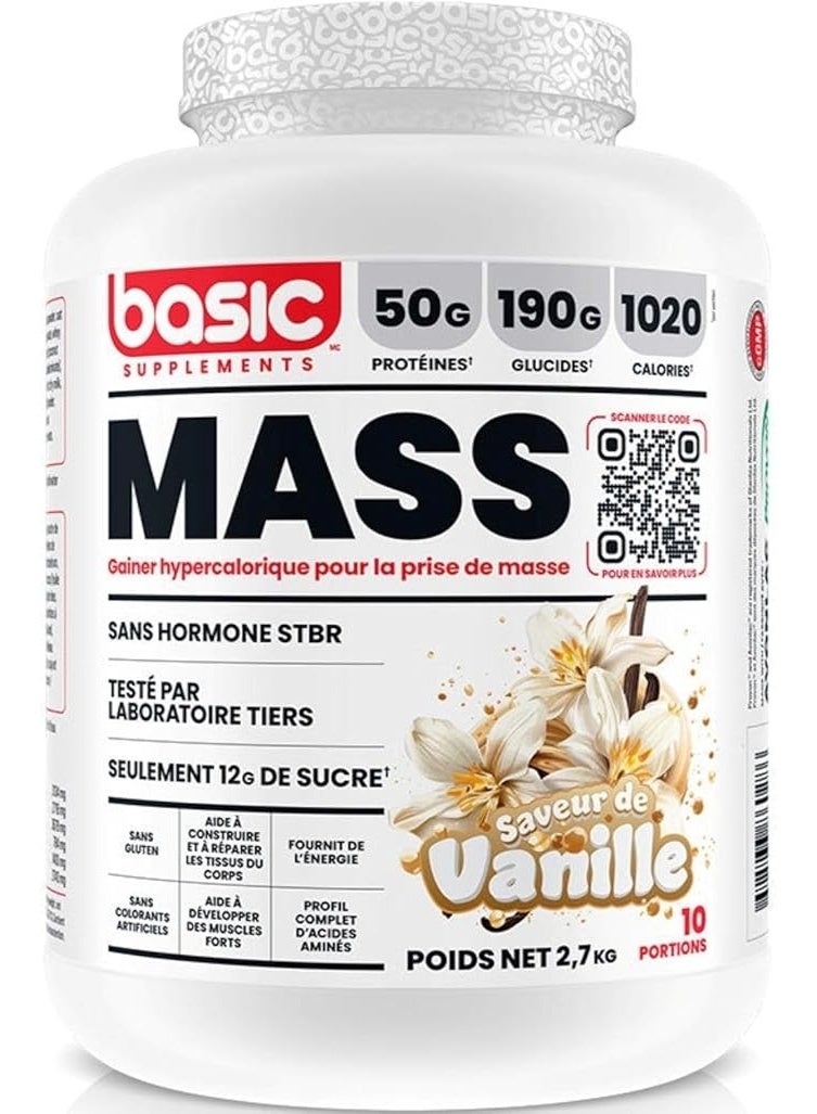 Basic Supplements Mass Gainer Powder | High Calorie Mass Gainer, Supports Weight Gain | 50G Protein, 1030 Calories, 190G Carbs | Complete Amino Acid Profile, Lower Sugar, Gluten Free | 6Lb (Vanilla)