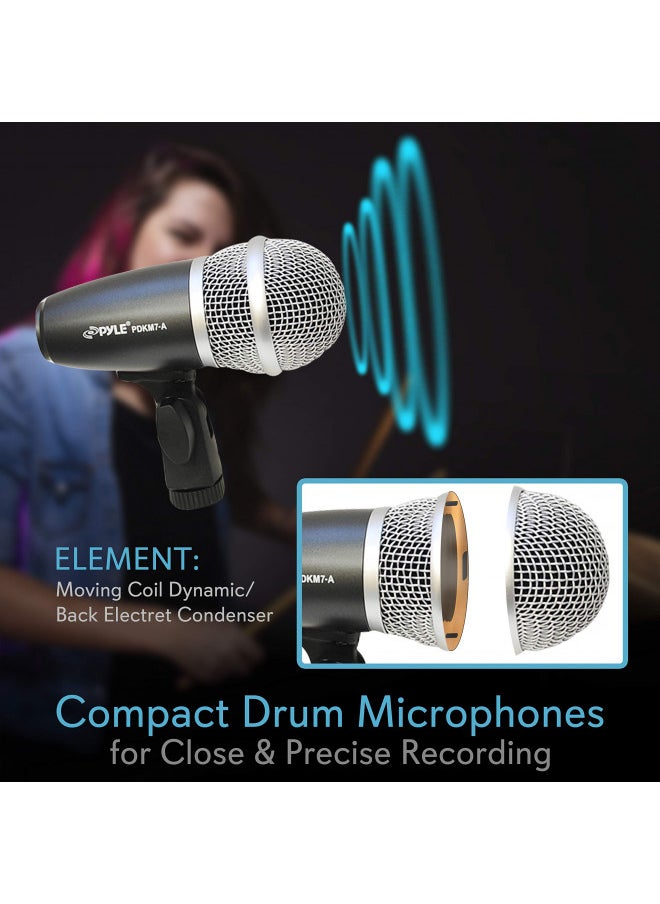 Pyle - PYLE-PRO Pyle 7-Piece Wired Dynamic Kit-Kick Bass, Tom/Snare & Cymbals Microphone Set-for Drums, Vocal, & Other Instrument-Complete with Thread Clip, Inserts, Mics Holder & Case-PDKM7,Black - Image 1